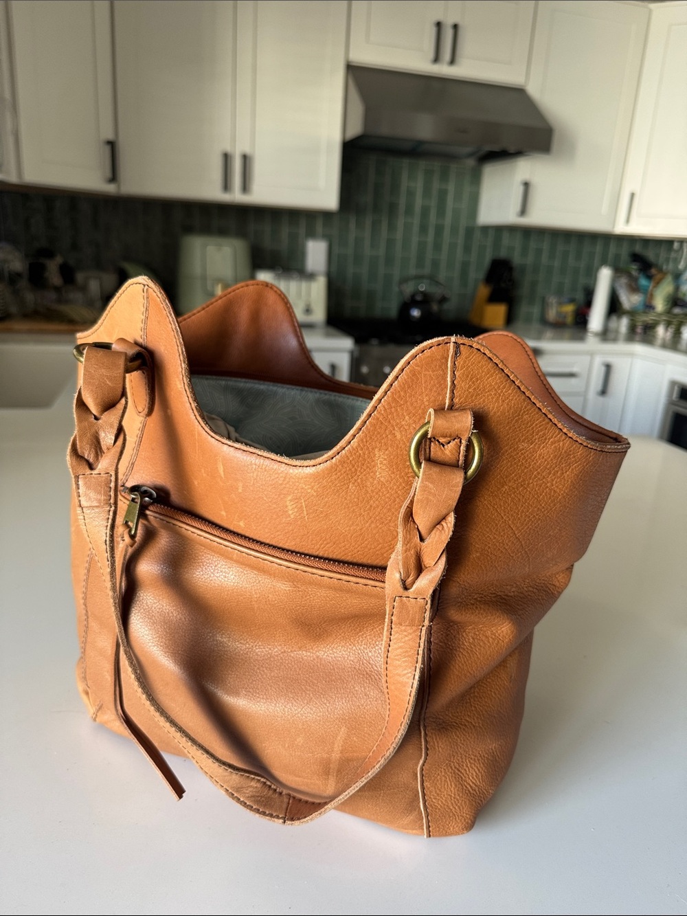 The Sak Cognac Braided-Handle Leather Shoulder Bag